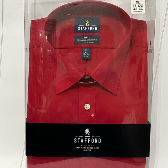 NEW! Staffed Men’s Red Travel Regular fit long sleeve dress shirt 17.5/32-33 - Picture 1 of 8